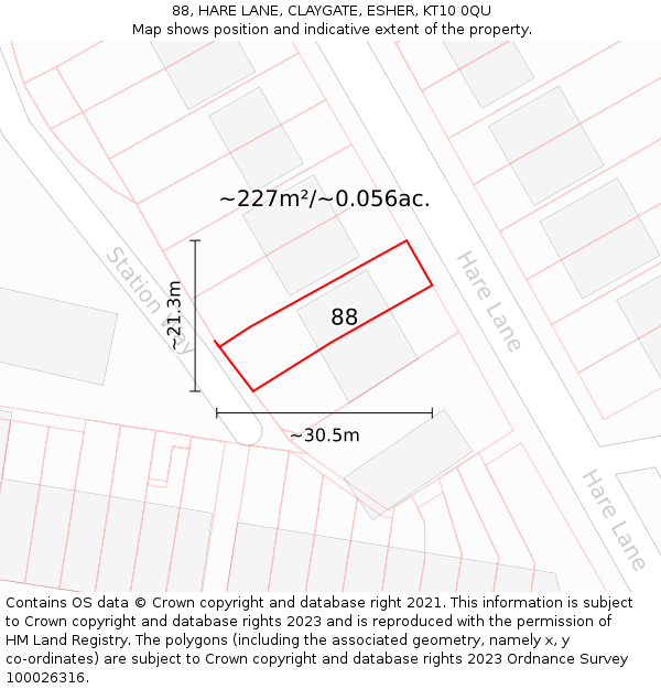 88, HARE LANE, CLAYGATE, ESHER, KT10 0QU: Plot and title map