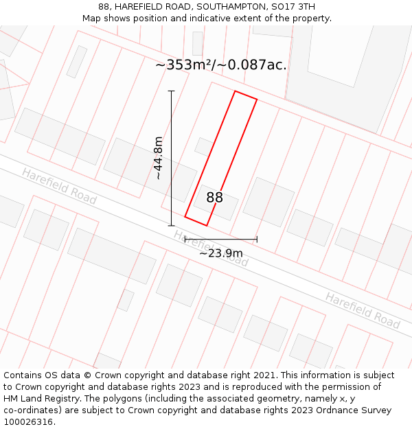 88, HAREFIELD ROAD, SOUTHAMPTON, SO17 3TH: Plot and title map