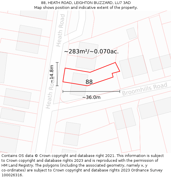 88, HEATH ROAD, LEIGHTON BUZZARD, LU7 3AD: Plot and title map