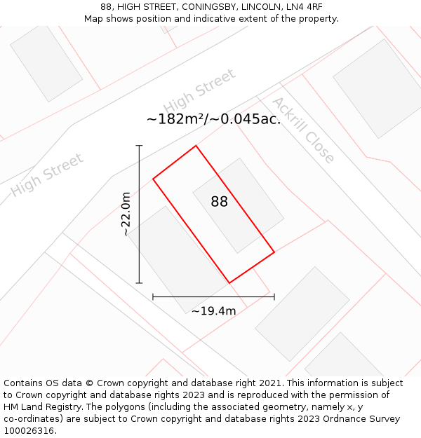 88, HIGH STREET, CONINGSBY, LINCOLN, LN4 4RF: Plot and title map