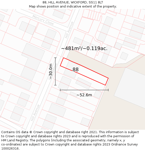 88, HILL AVENUE, WICKFORD, SS11 8LT: Plot and title map