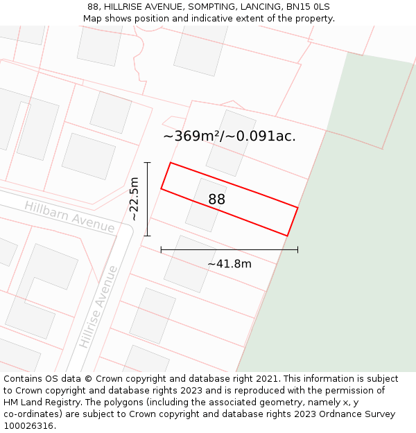 88, HILLRISE AVENUE, SOMPTING, LANCING, BN15 0LS: Plot and title map