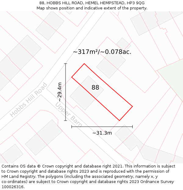 88, HOBBS HILL ROAD, HEMEL HEMPSTEAD, HP3 9QG: Plot and title map