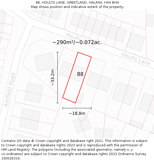 88, HOULTS LANE, GREETLAND, HALIFAX, HX4 8HN: Plot and title map