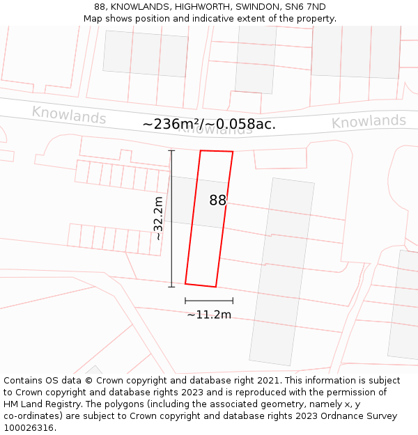 88, KNOWLANDS, HIGHWORTH, SWINDON, SN6 7ND: Plot and title map