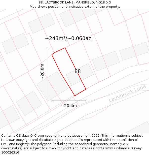 88, LADYBROOK LANE, MANSFIELD, NG18 5JQ: Plot and title map
