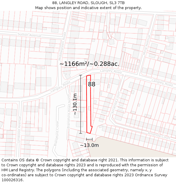 88, LANGLEY ROAD, SLOUGH, SL3 7TB: Plot and title map