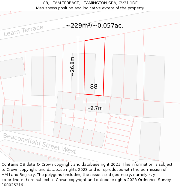 88, LEAM TERRACE, LEAMINGTON SPA, CV31 1DE: Plot and title map