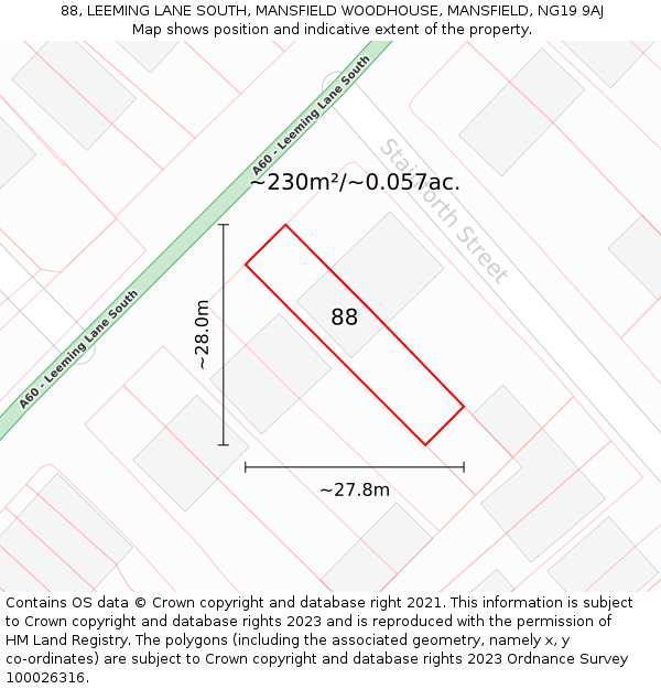 88, LEEMING LANE SOUTH, MANSFIELD WOODHOUSE, MANSFIELD, NG19 9AJ: Plot and title map