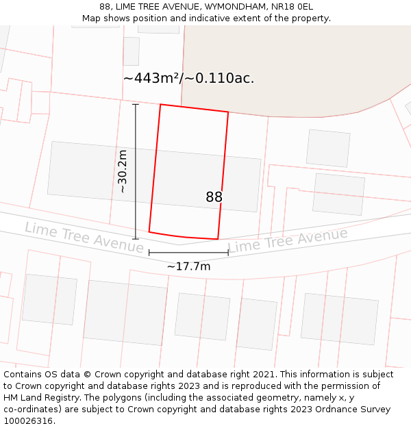 88, LIME TREE AVENUE, WYMONDHAM, NR18 0EL: Plot and title map