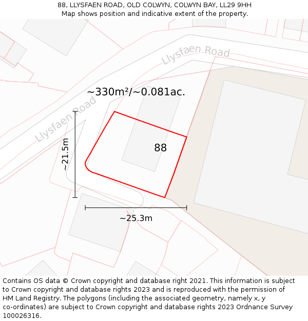 88, LLYSFAEN ROAD, OLD COLWYN, COLWYN BAY, LL29 9HH: Plot and title map