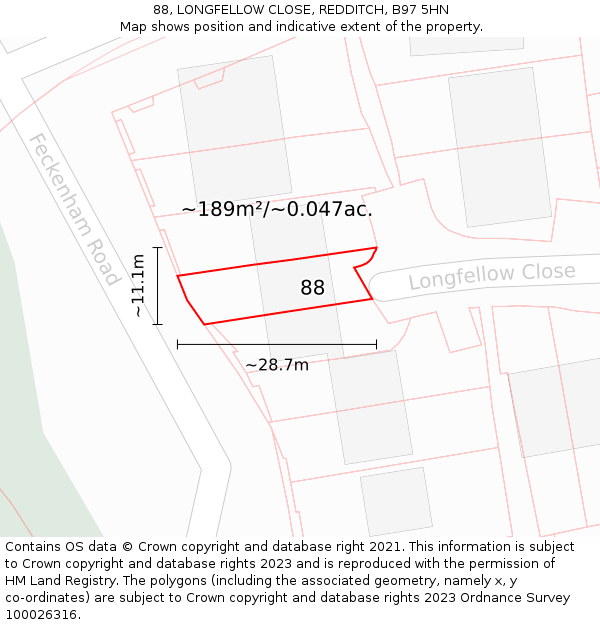 88, LONGFELLOW CLOSE, REDDITCH, B97 5HN: Plot and title map