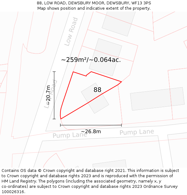 88, LOW ROAD, DEWSBURY MOOR, DEWSBURY, WF13 3PS: Plot and title map