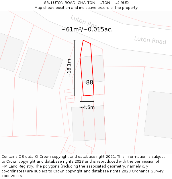 88, LUTON ROAD, CHALTON, LUTON, LU4 9UD: Plot and title map