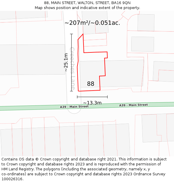 88, MAIN STREET, WALTON, STREET, BA16 9QN: Plot and title map