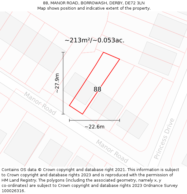88, MANOR ROAD, BORROWASH, DERBY, DE72 3LN: Plot and title map