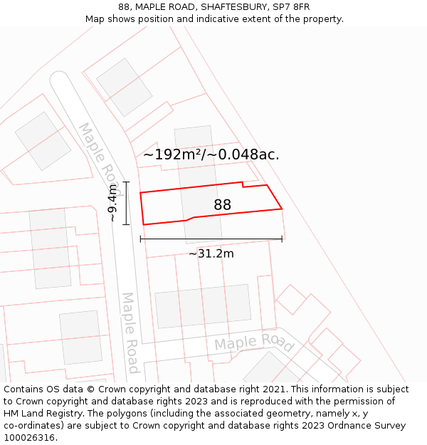 88, MAPLE ROAD, SHAFTESBURY, SP7 8FR: Plot and title map