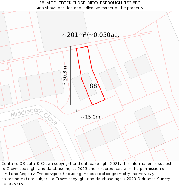 88, MIDDLEBECK CLOSE, MIDDLESBROUGH, TS3 8RG: Plot and title map