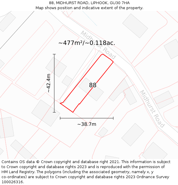 88, MIDHURST ROAD, LIPHOOK, GU30 7HA: Plot and title map