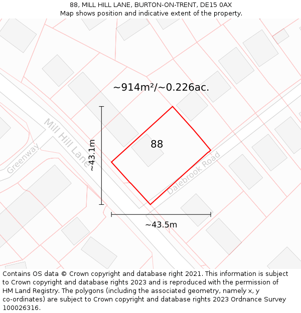 88, MILL HILL LANE, BURTON-ON-TRENT, DE15 0AX: Plot and title map