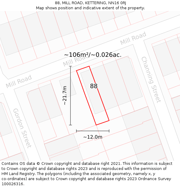 88, MILL ROAD, KETTERING, NN16 0RJ: Plot and title map