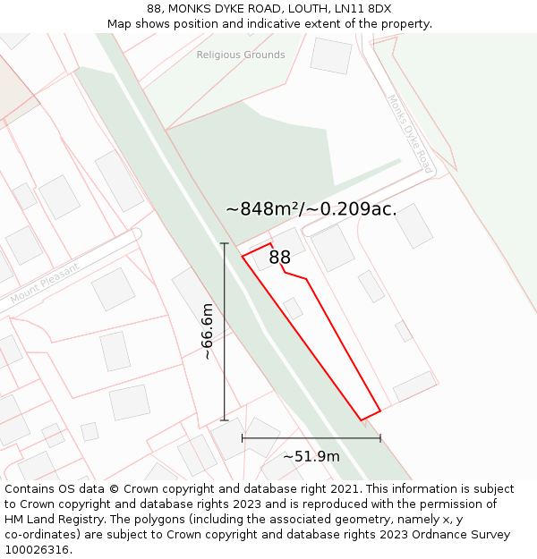 88, MONKS DYKE ROAD, LOUTH, LN11 8DX: Plot and title map