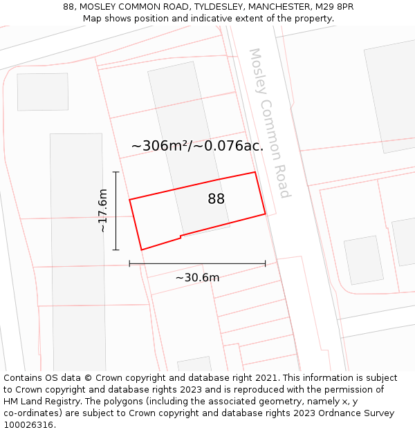 88, MOSLEY COMMON ROAD, TYLDESLEY, MANCHESTER, M29 8PR: Plot and title map