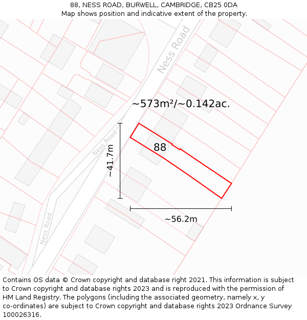 88, NESS ROAD, BURWELL, CAMBRIDGE, CB25 0DA: Plot and title map