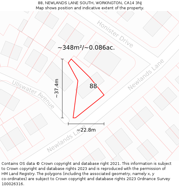 88, NEWLANDS LANE SOUTH, WORKINGTON, CA14 3NJ: Plot and title map