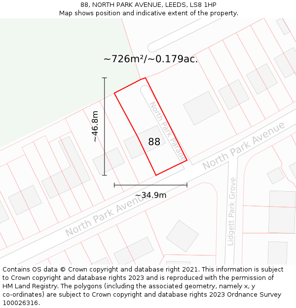 88, NORTH PARK AVENUE, LEEDS, LS8 1HP: Plot and title map