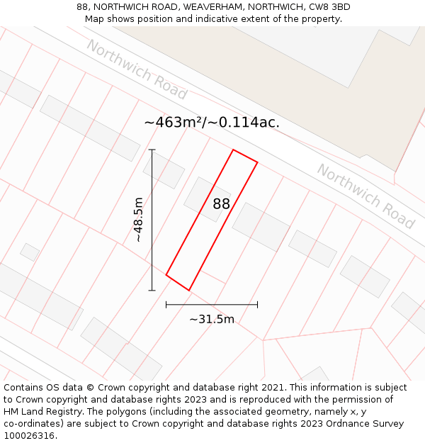 88, NORTHWICH ROAD, WEAVERHAM, NORTHWICH, CW8 3BD: Plot and title map