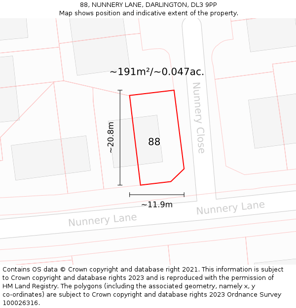 88, NUNNERY LANE, DARLINGTON, DL3 9PP: Plot and title map
