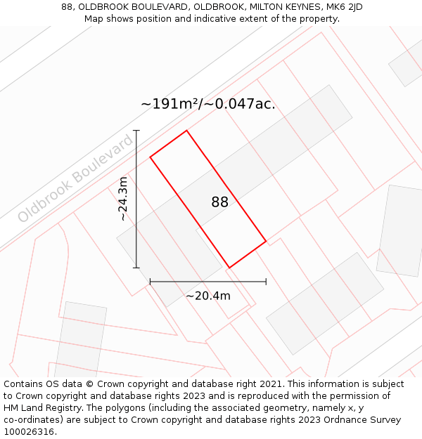 88, OLDBROOK BOULEVARD, OLDBROOK, MILTON KEYNES, MK6 2JD: Plot and title map
