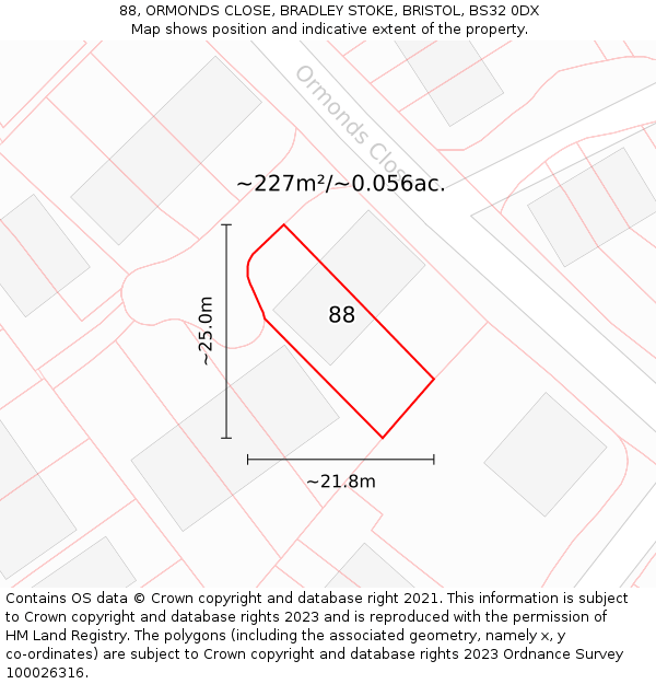 88, ORMONDS CLOSE, BRADLEY STOKE, BRISTOL, BS32 0DX: Plot and title map