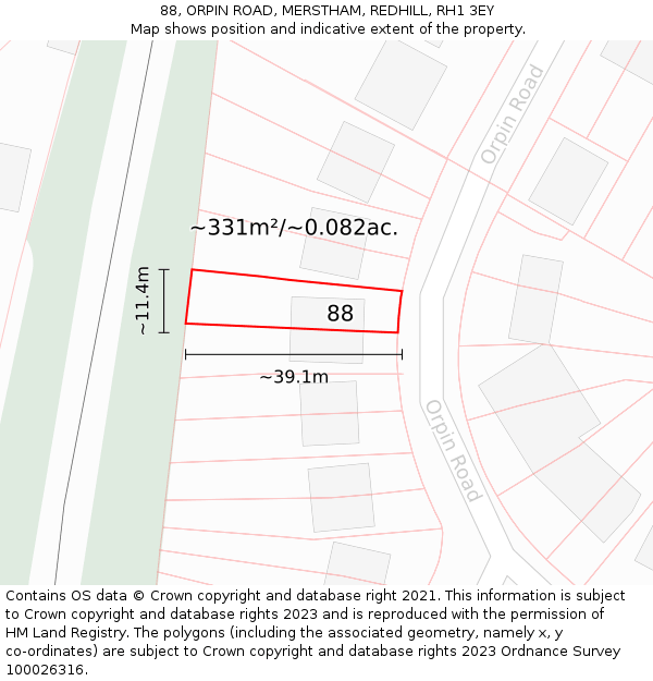 88, ORPIN ROAD, MERSTHAM, REDHILL, RH1 3EY: Plot and title map
