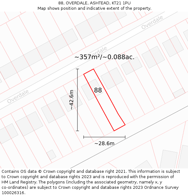 88, OVERDALE, ASHTEAD, KT21 1PU: Plot and title map