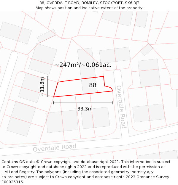 88, OVERDALE ROAD, ROMILEY, STOCKPORT, SK6 3JB: Plot and title map