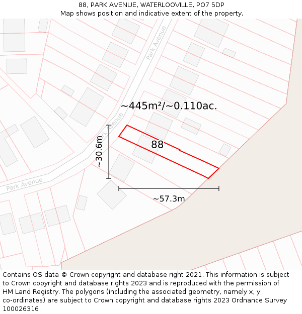 88, PARK AVENUE, WATERLOOVILLE, PO7 5DP: Plot and title map