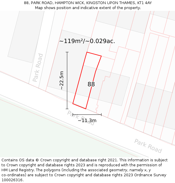 88, PARK ROAD, HAMPTON WICK, KINGSTON UPON THAMES, KT1 4AY: Plot and title map
