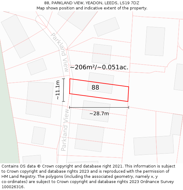 88, PARKLAND VIEW, YEADON, LEEDS, LS19 7DZ: Plot and title map
