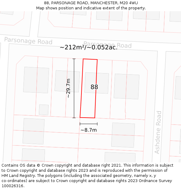 88, PARSONAGE ROAD, MANCHESTER, M20 4WU: Plot and title map