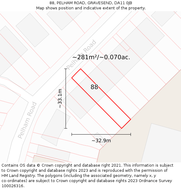 88, PELHAM ROAD, GRAVESEND, DA11 0JB: Plot and title map