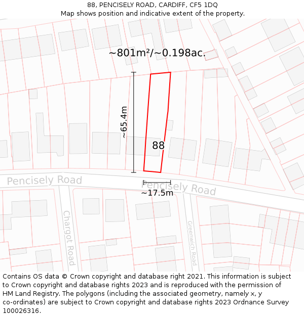 88, PENCISELY ROAD, CARDIFF, CF5 1DQ: Plot and title map