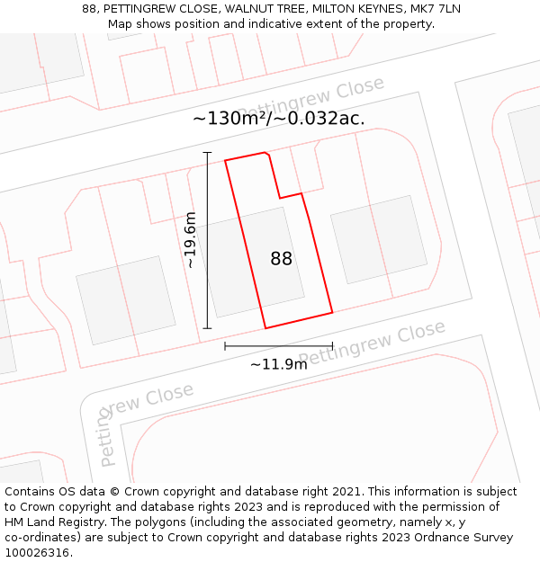 88, PETTINGREW CLOSE, WALNUT TREE, MILTON KEYNES, MK7 7LN: Plot and title map