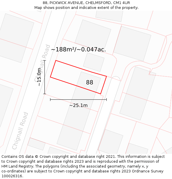 88, PICKWICK AVENUE, CHELMSFORD, CM1 4UR: Plot and title map