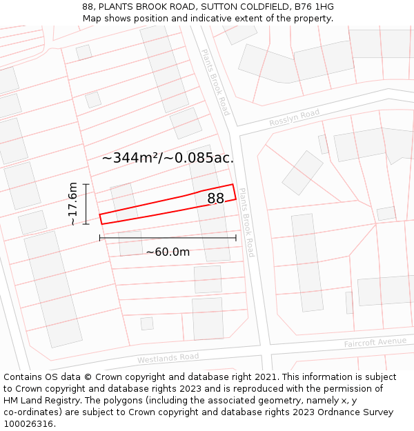 88, PLANTS BROOK ROAD, SUTTON COLDFIELD, B76 1HG: Plot and title map
