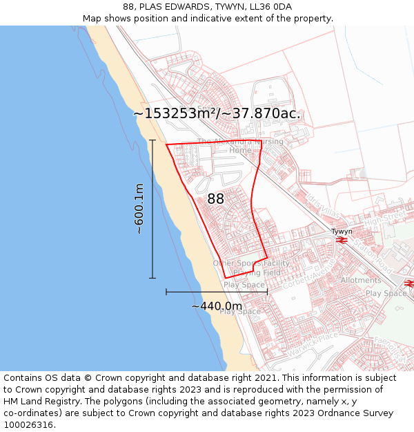 88, PLAS EDWARDS, TYWYN, LL36 0DA: Plot and title map