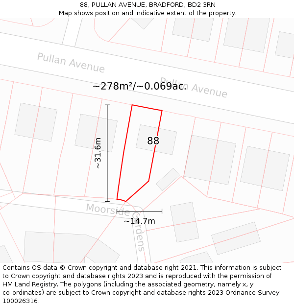 88, PULLAN AVENUE, BRADFORD, BD2 3RN: Plot and title map