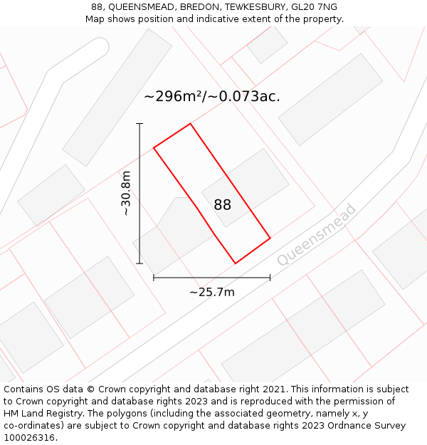 88, QUEENSMEAD, BREDON, TEWKESBURY, GL20 7NG: Plot and title map