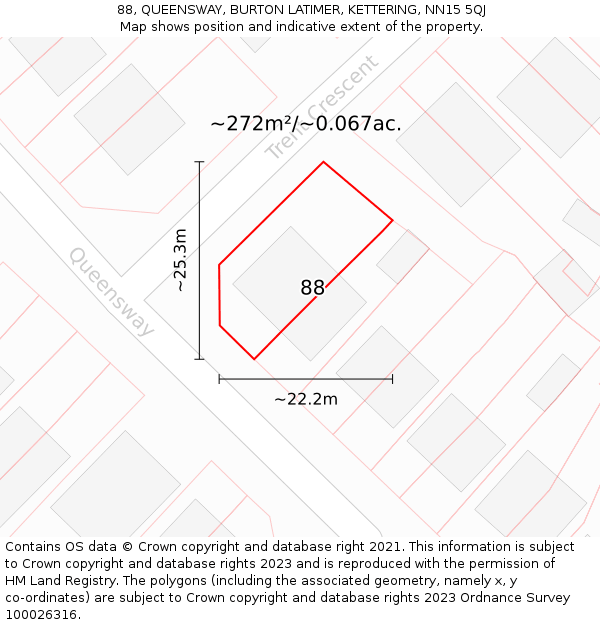 88, QUEENSWAY, BURTON LATIMER, KETTERING, NN15 5QJ: Plot and title map